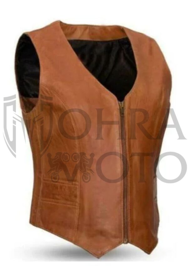 Women’s V- Neck Leather Zipper Vest- Brown