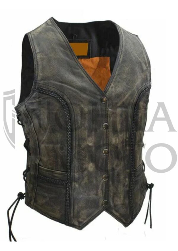 Womens Distressed Brown Leather Vest Concealed Pockets Side Laces Adjustable Fit